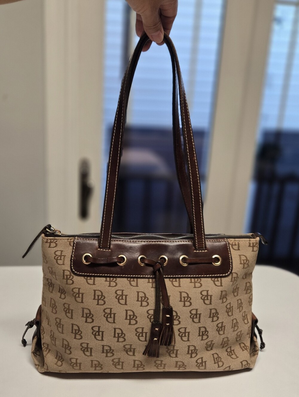 Vintage Dooney & Bourke Brown Canvas Leather Tassel Tote Shoulder Bag